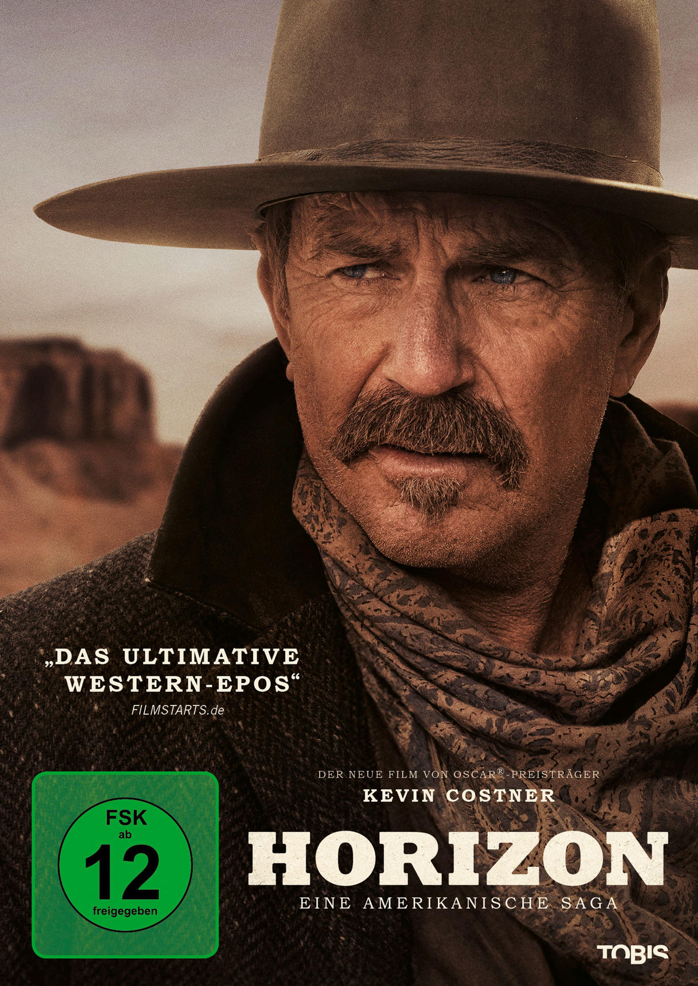 Filmposter. Mann mit Schnurrbart und Cowboyhut. Text: Horizon, Kevin Costner.