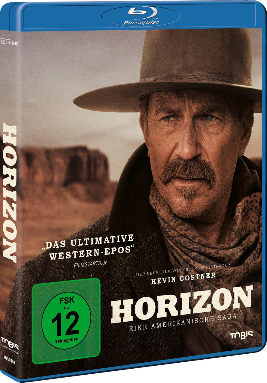 Blu-ray-Hülle für den Film 'Horizon'. Zeigt einen Mann mit Hut in einer Wüstenlandschaft. Text: 'Horizon' und 'Kevin Costner'.