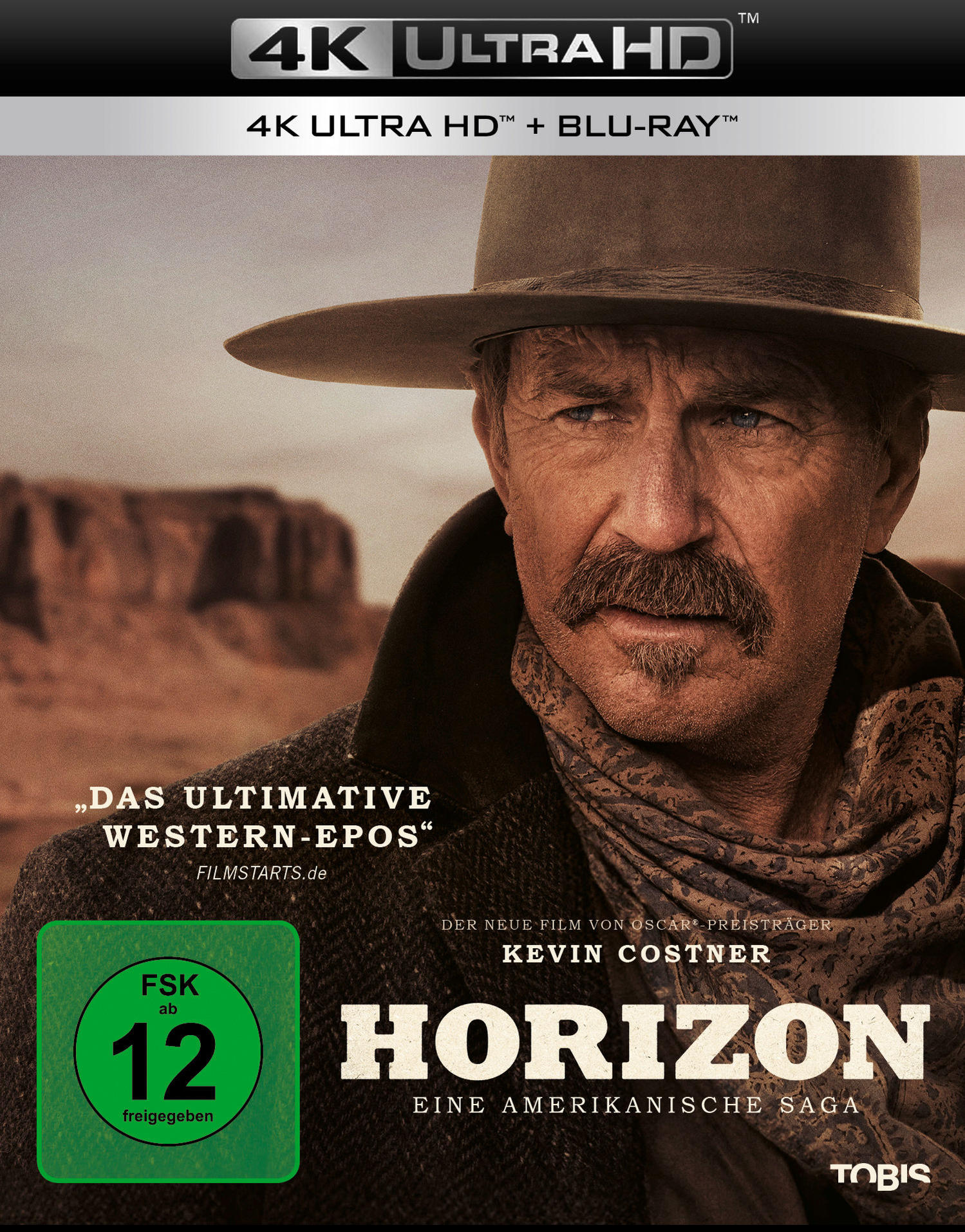 Filmcover mit Kevin Costner, Titel 'Horizon' und 4K Ultra HD-Branding.