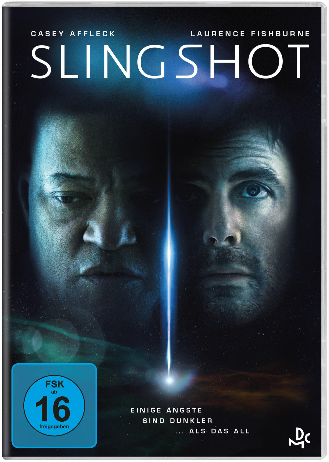 'Slingshot' Filmcover mit zwei Gesichtern. Dunkelblauer Hintergrund.