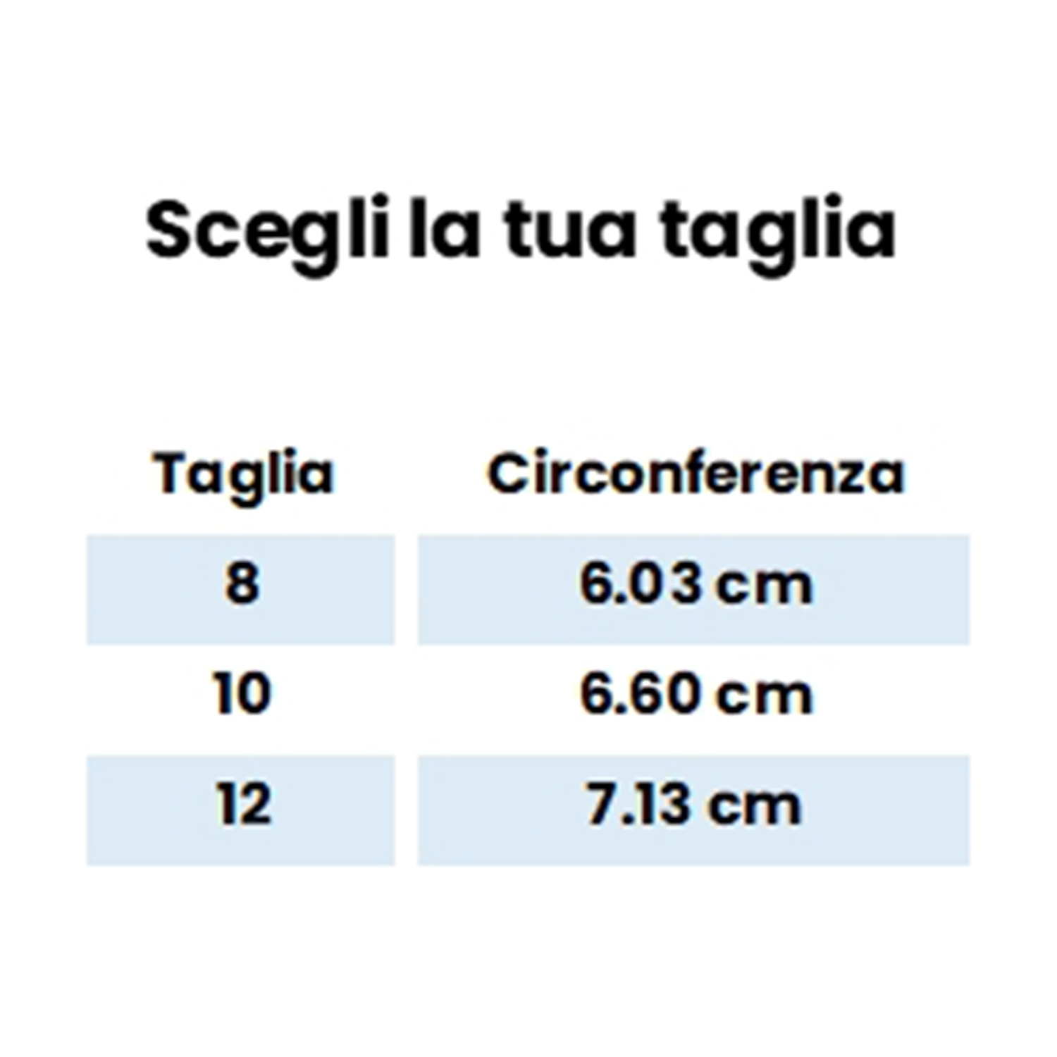 Tabella taglie con misure di circonferenza per le taglie 8, 10 e 12.