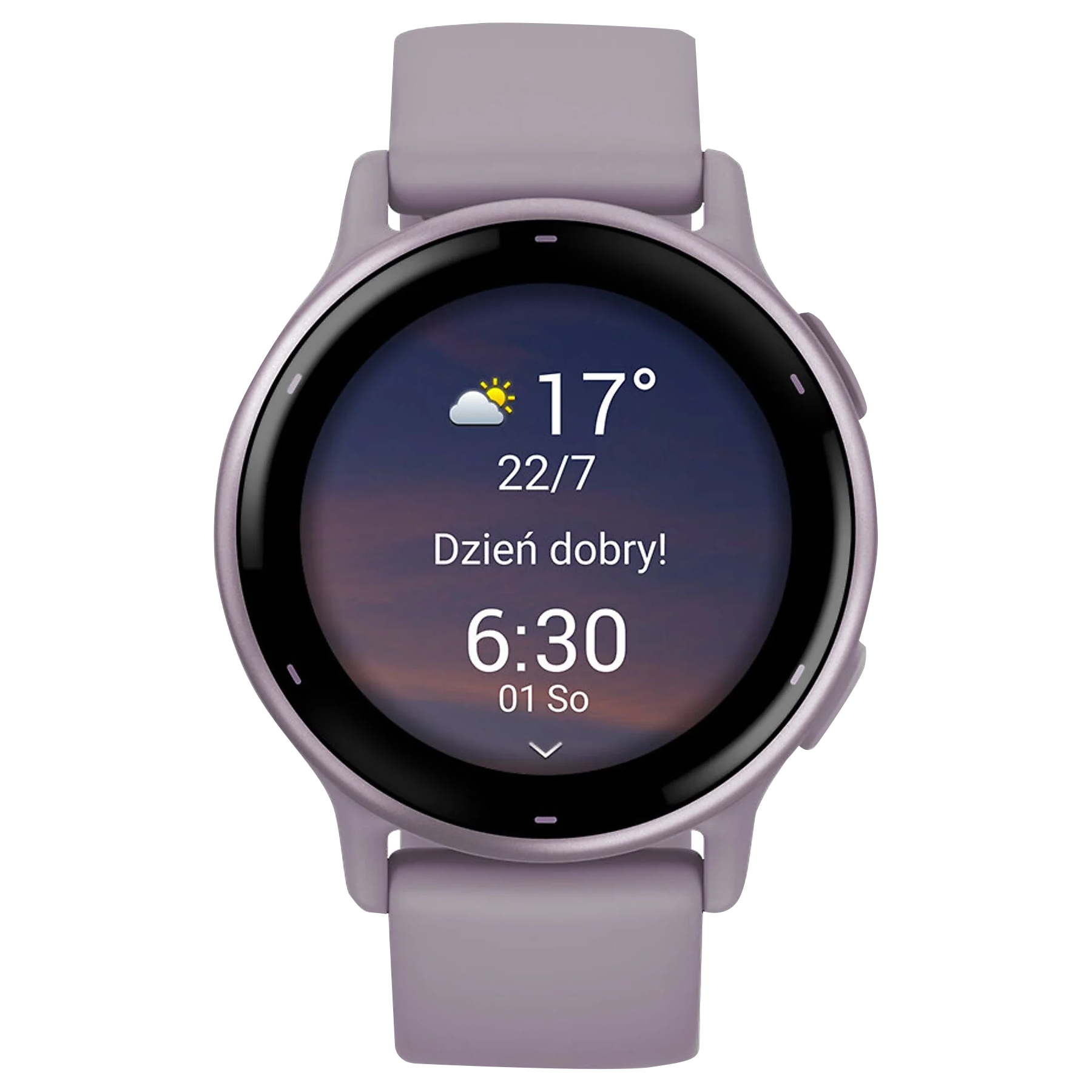 Fioletowy smartwatch wyświetlający prognozę pogody i godzinę. Jasnofioletowy pasek.