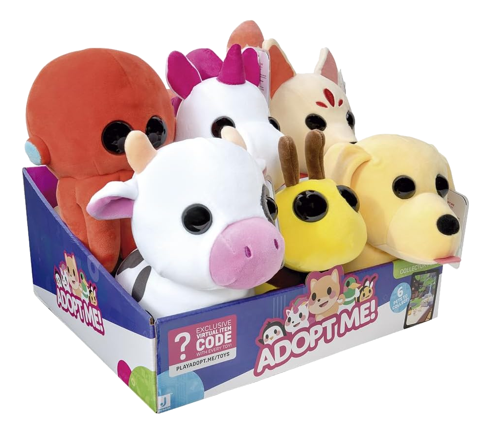 Boîte de peluches Adopt Me ! Comprend une pieuvre rouge, une vache, un renard, un chien et un poussin. Boîte blanche.