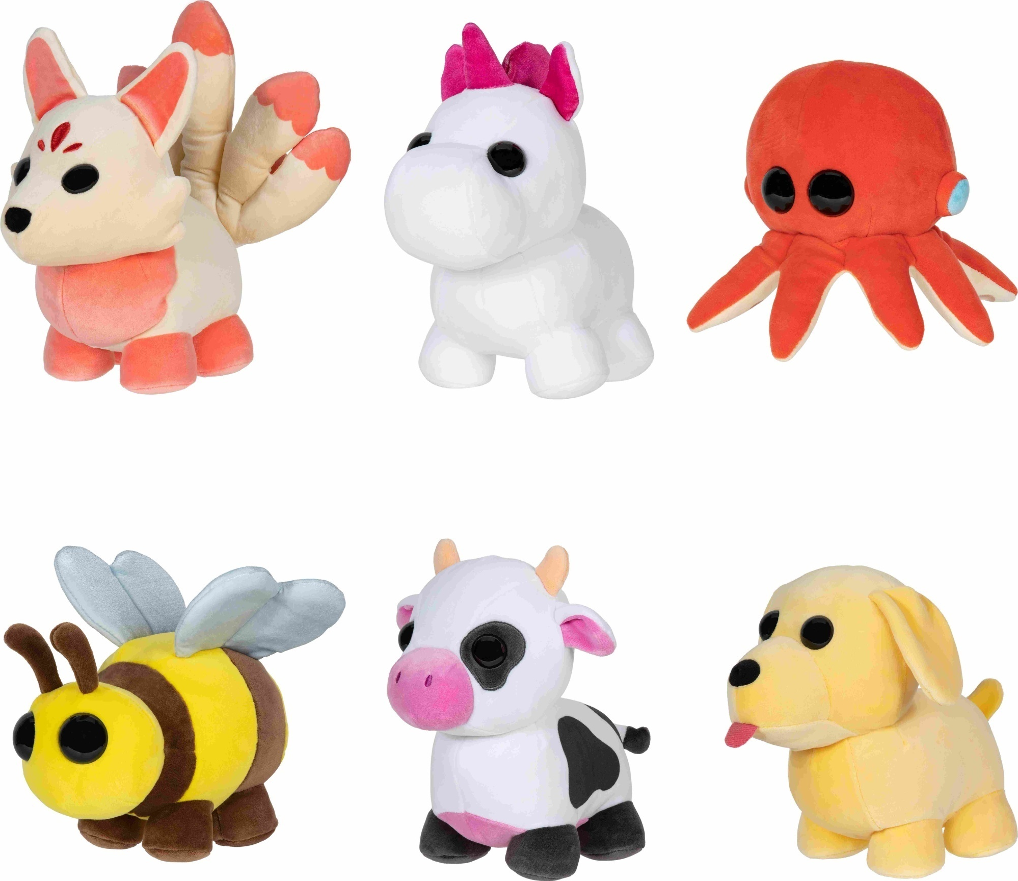 Six peluches colorées : renard, licorne, poulpe, abeille, vache et chien.