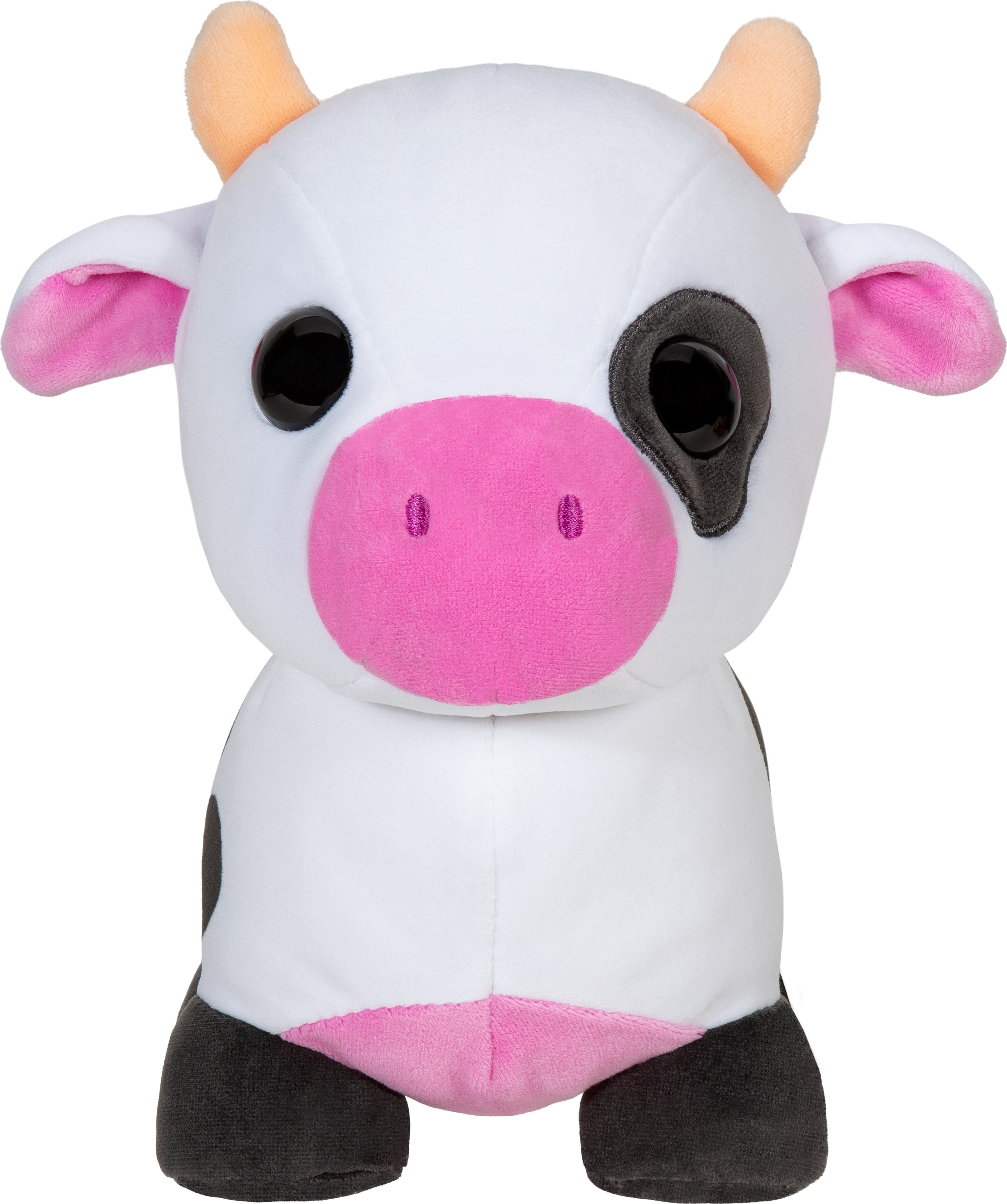 Une peluche de vache blanche avec des taches noires, de grands yeux noirs, un nez rose et de petites cornes.