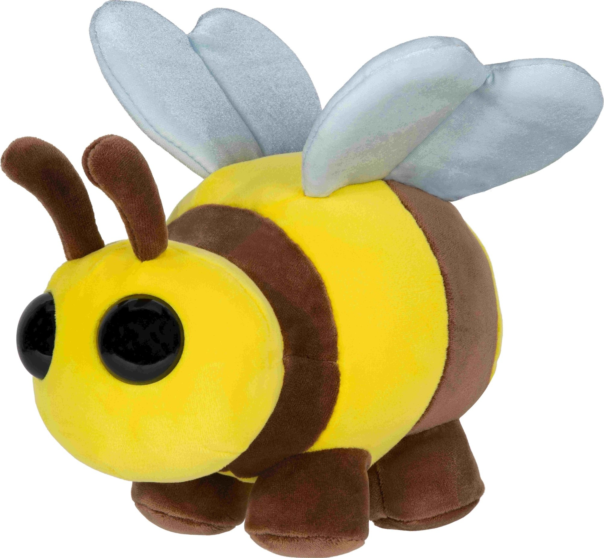 Une peluche abeille avec des rayures jaunes et marron, des ailes bleues et des yeux noirs.