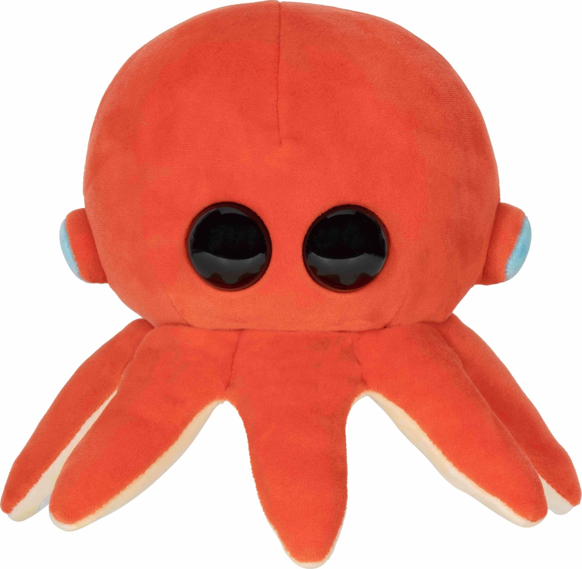 Peluche poulpe orange. Grands yeux et accents bleus. Doux et câlin.