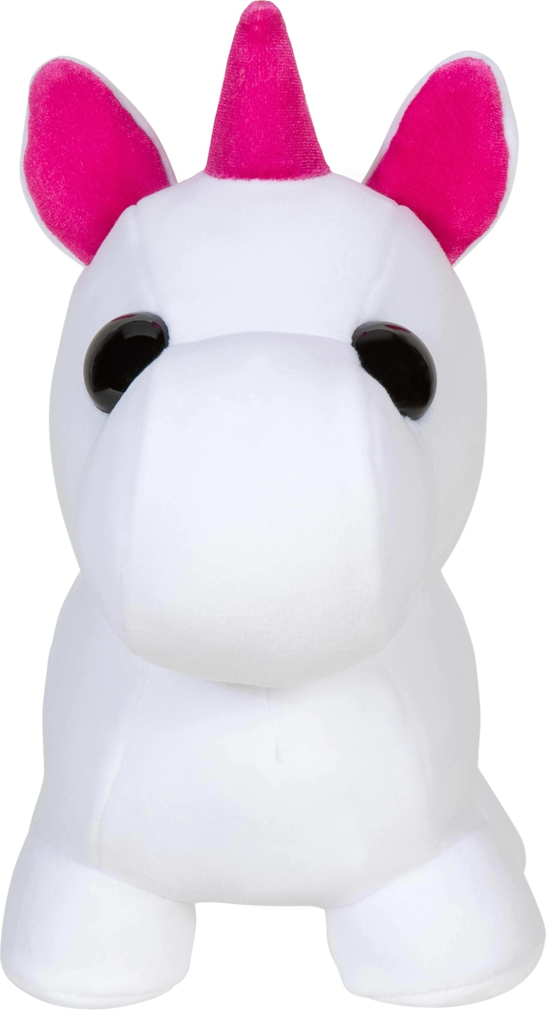 Une peluche licorne blanche avec une corne et des oreilles roses, de grands yeux noirs.