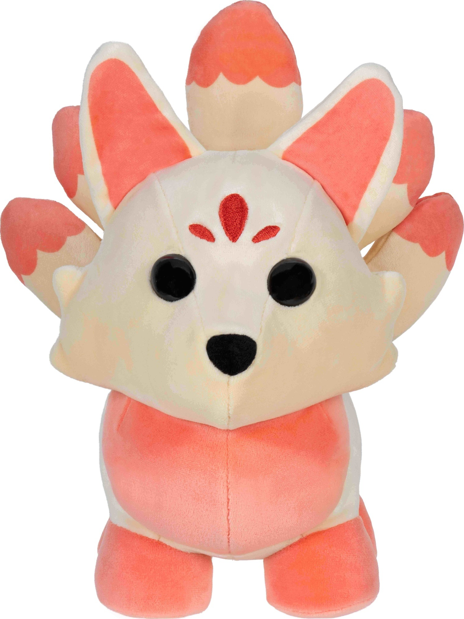 Renard en peluche avec plusieurs queues. C'est un corps crème avec des accents roses.