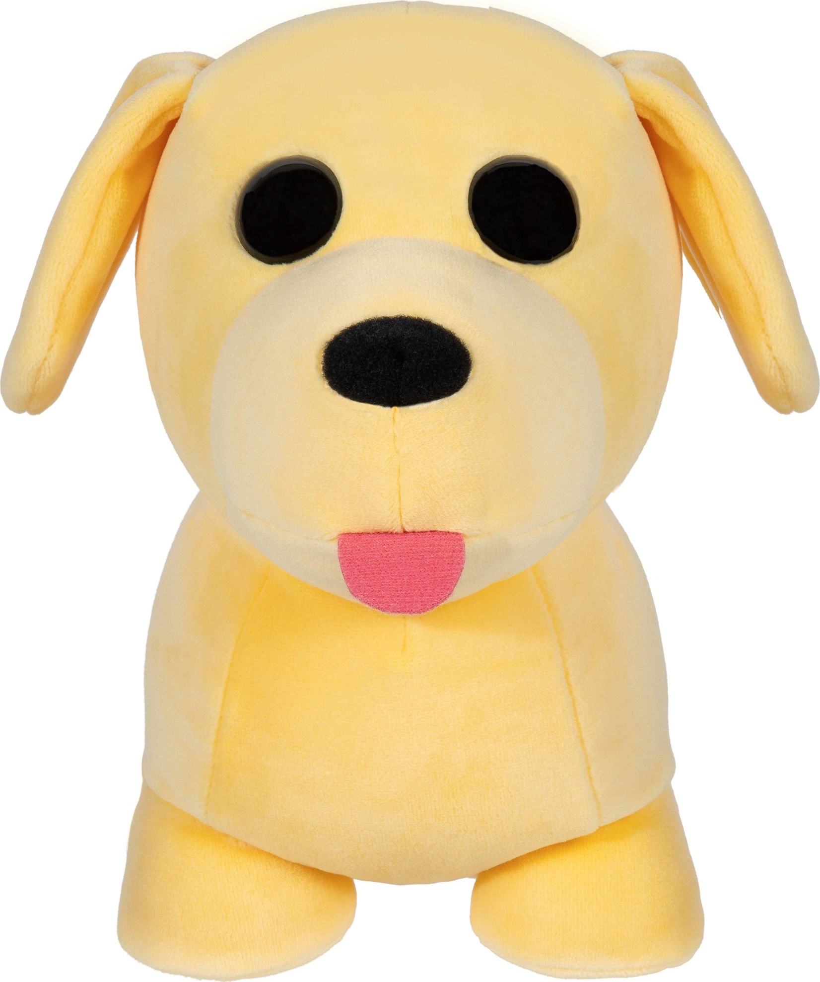 Un jouet en peluche de chien jaune avec des yeux noirs et une langue rose.