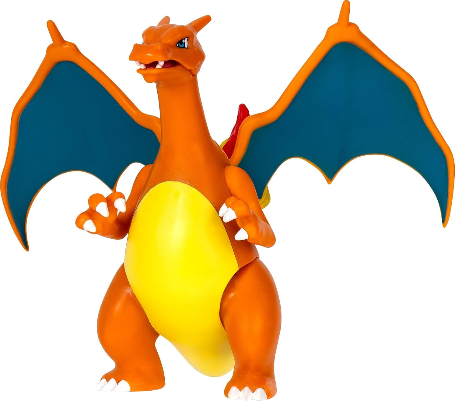Charizard-Figur, orange mit blauen Flügeln, in dynamischer Pose.