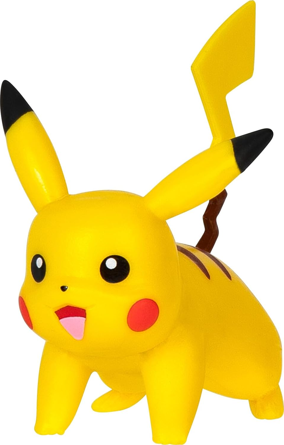 Gelbe Pikachu-Figur. Schwarzspitzige Ohren, rote Wangen und ein brauner Schwanz. Der Mund ist offen.