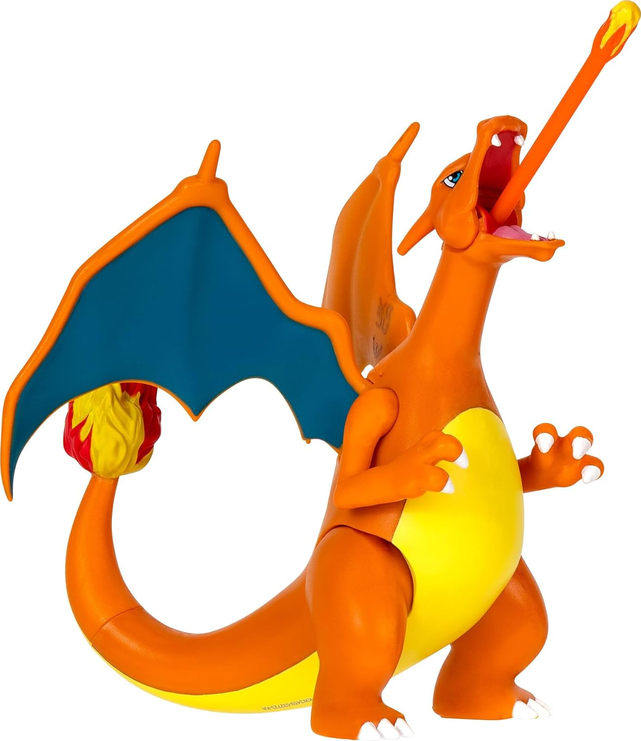 Charizard-Spielfigur mit orangefarbenen und blauen Flügeln, Flamme.