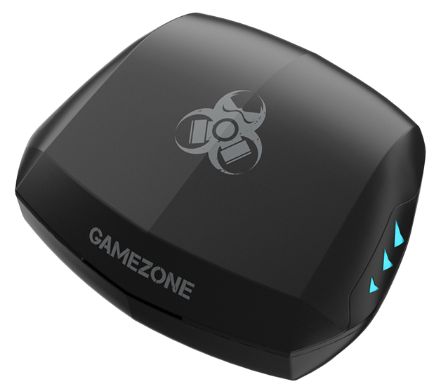 Czarna konsola Gamezone z logo i niebieskimi światłami.