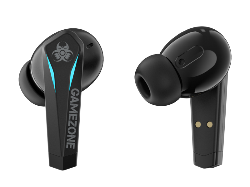 Dwie czarne bezprzewodowe słuchawki douszne, jedna pokazująca zewnętrzną i wewnętrzną stronę słuchawki.