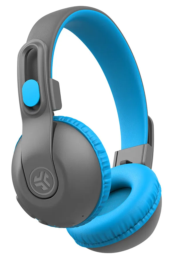 Szare i niebieskie słuchawki, z niebieskimi nausznikami i akcentami pałąka.