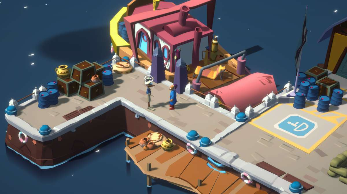 Widok izometryczny sceny portowej z kreskówkowymi postaciami i łodzią. Niebieska woda i niebo.