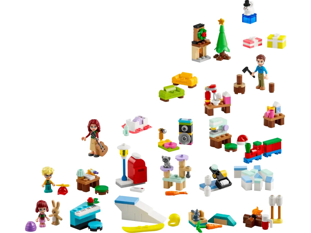 Różne minifigurki i konstrukcje LEGO Friends w kolorowej scenerii.