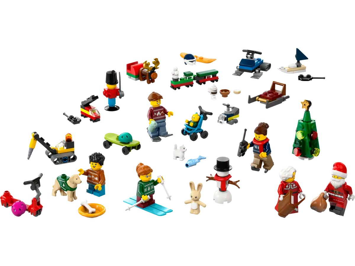 Zestaw Lego z wieloma figurkami i akcesoriami świątecznymi, w tym pociągiem i choinką.