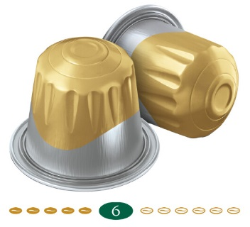 Dwie złote kapsułki z kawą na białej powierzchni, z ikonami ziaren kawy i liczbą 6.