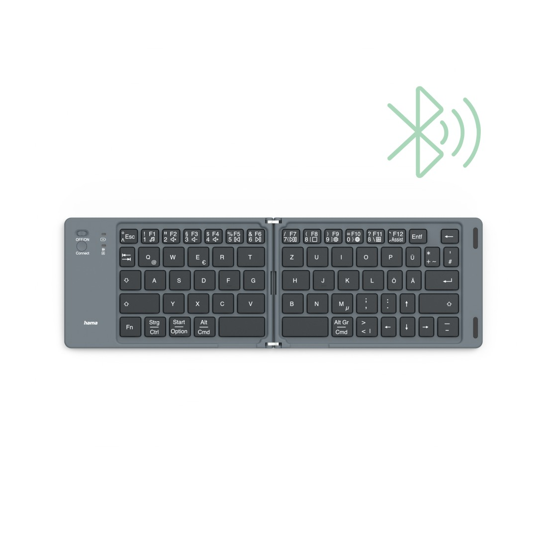 Faltbare graue Tastatur mit Bluetooth-Symbol oben.
