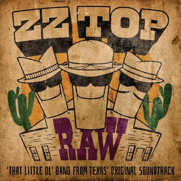 ZZ Top Raw Albumcover mit drei Comicfiguren mit Hüten und Sonnenbrillen.