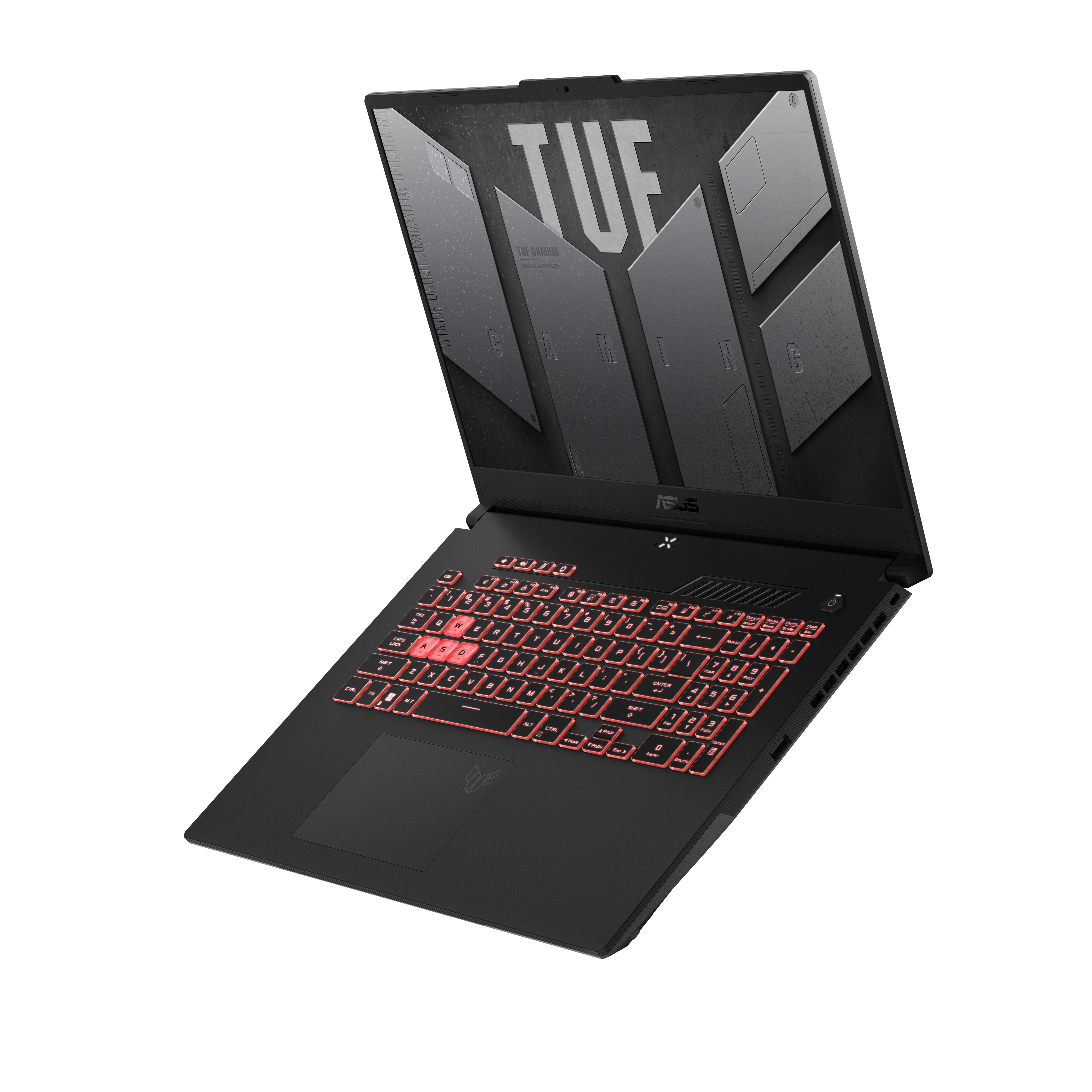 Ein schwarzer Gaming-Laptop mit leuchtend roten Tasten und TUF-Logo auf dem Bildschirm.