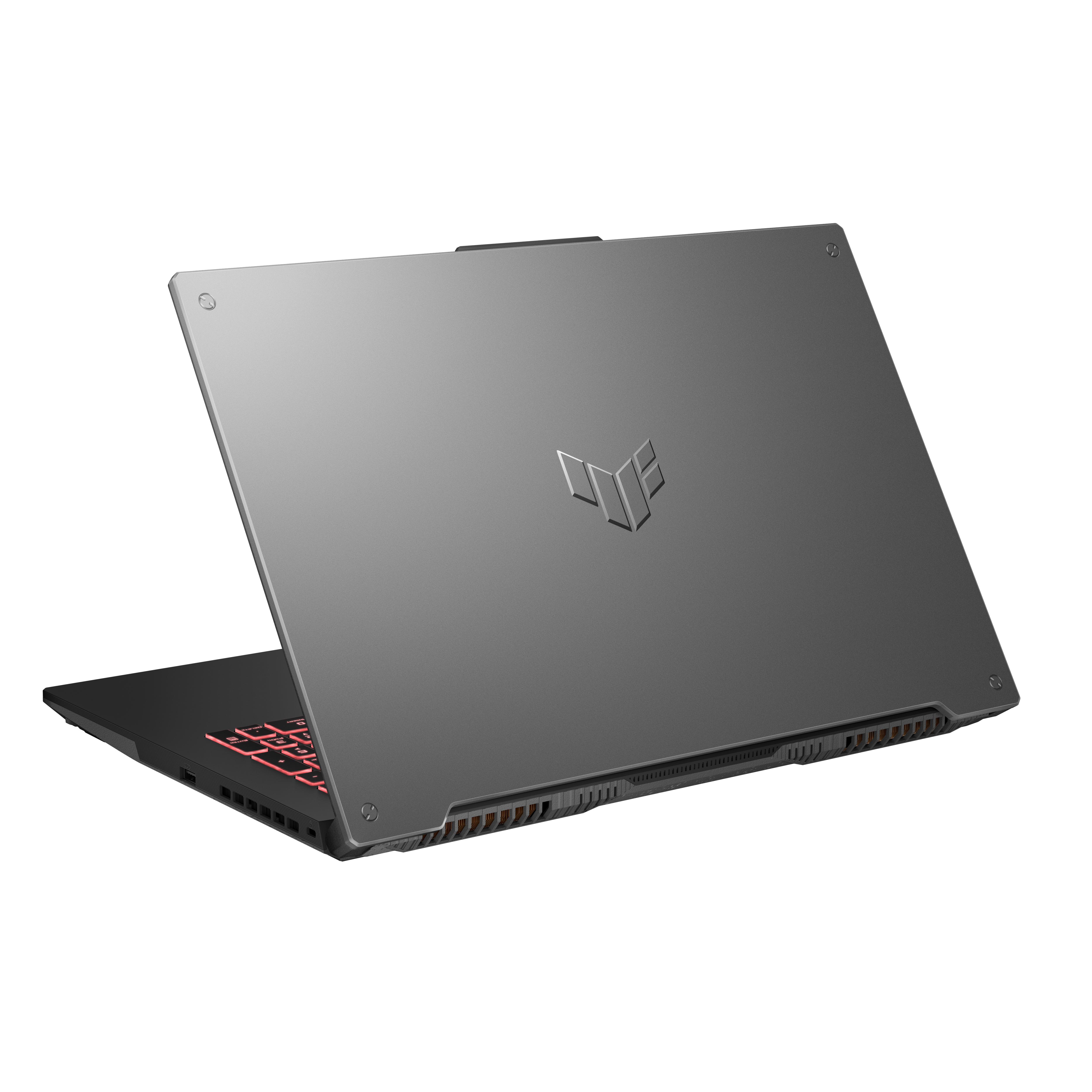 Ein grauer Laptop mit geöffnetem Deckel, zeigt das Logo.