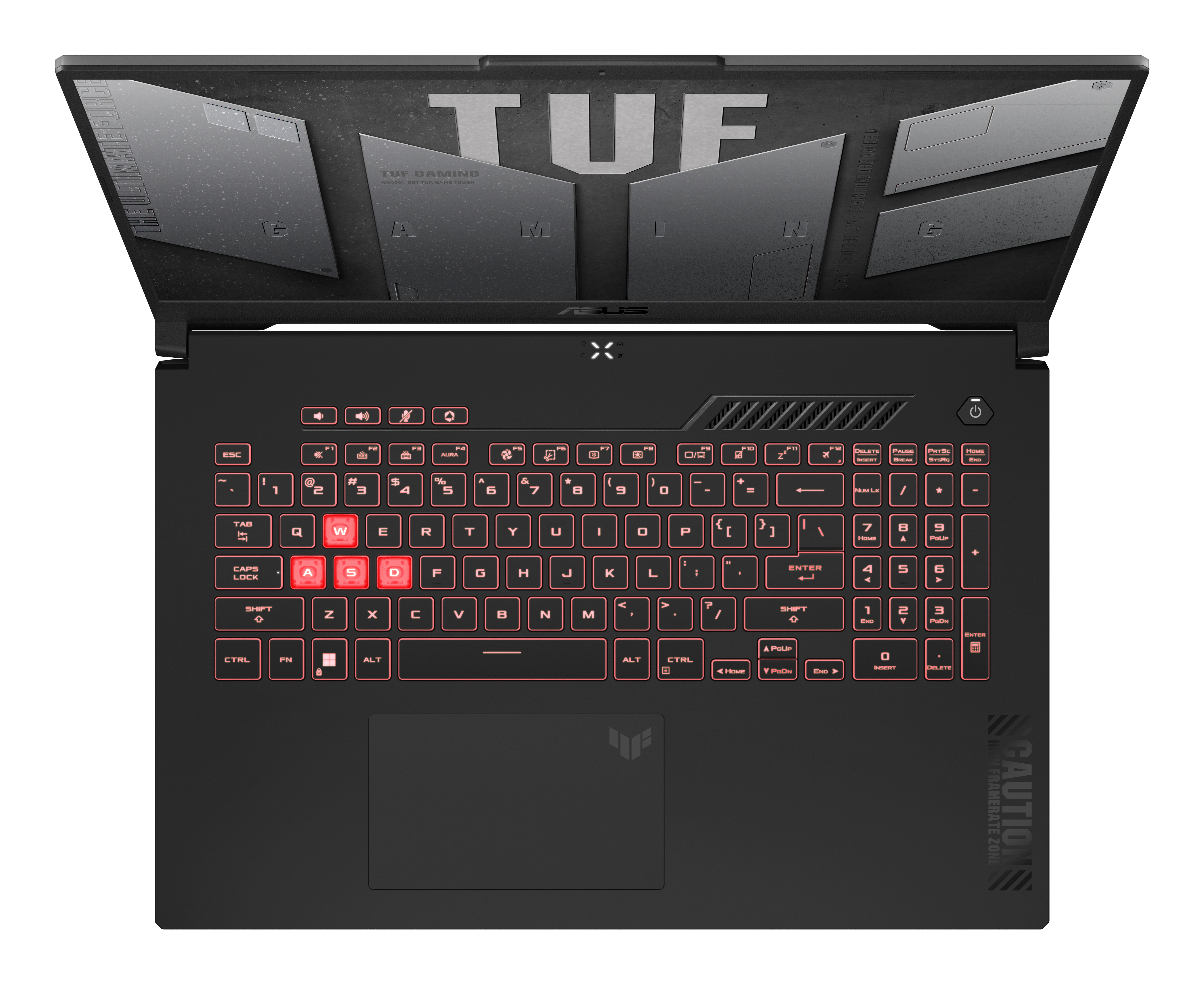 Schwarzer Laptop offen, zeigt eine rot beleuchtete Tastatur und einen Bildschirm. Das Wort TUF ist oben sichtbar.