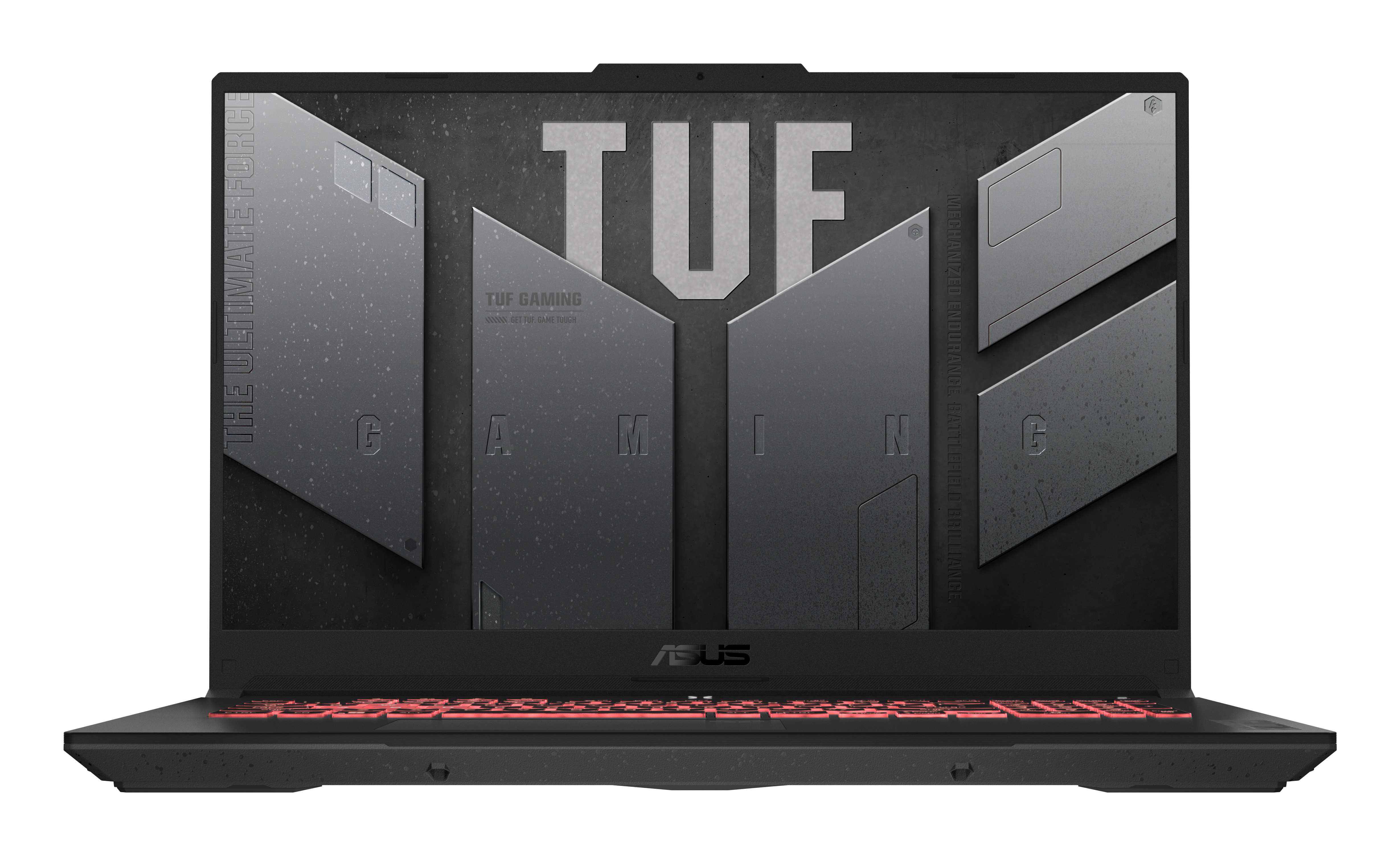Offener schwarzer Laptop mit rot beleuchteter Tastatur und TUF-Gaming-Logo auf dem Bildschirm.