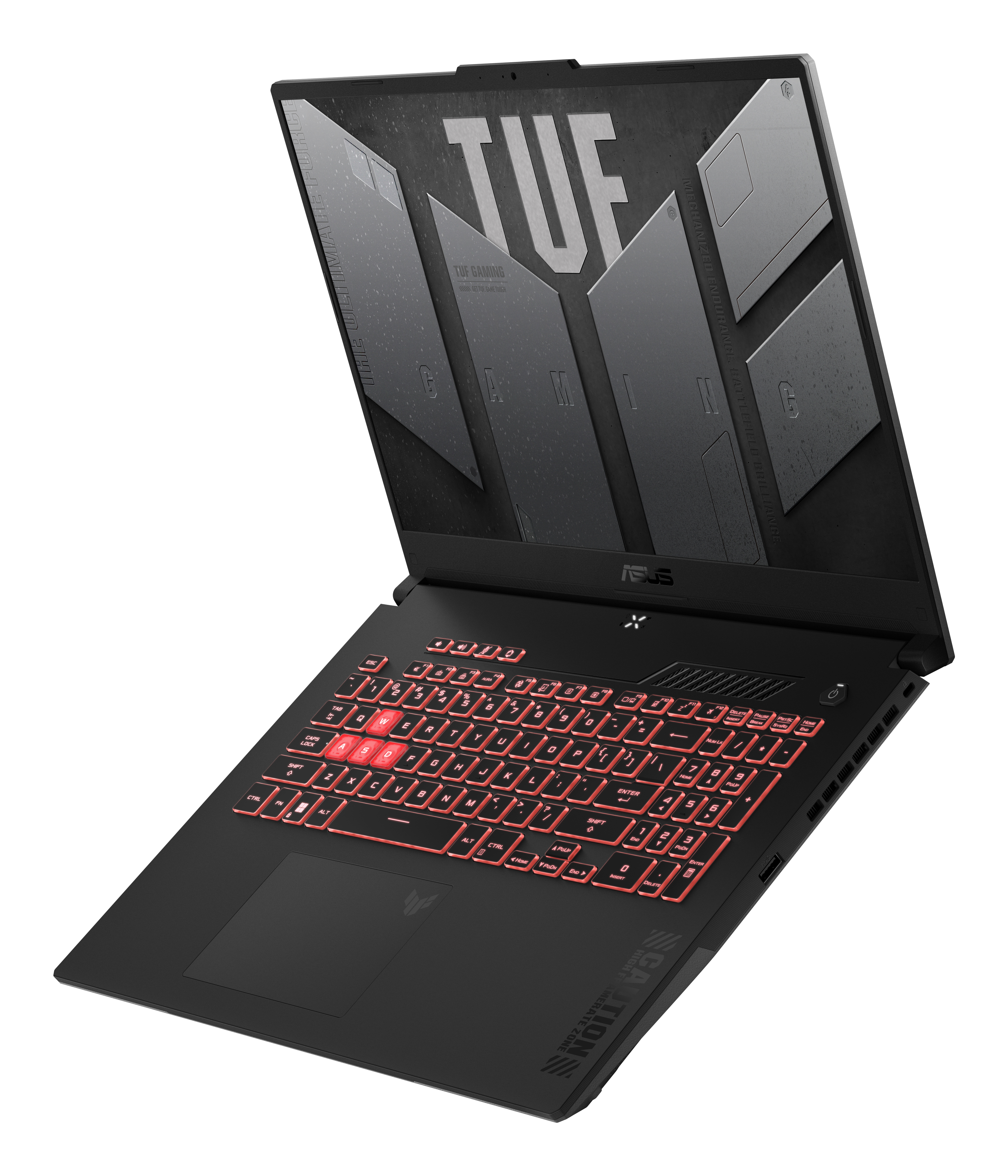 Asus TUF Gaming Laptop geöffnet, Tastatur mit rot hinterleuchteten Tasten.