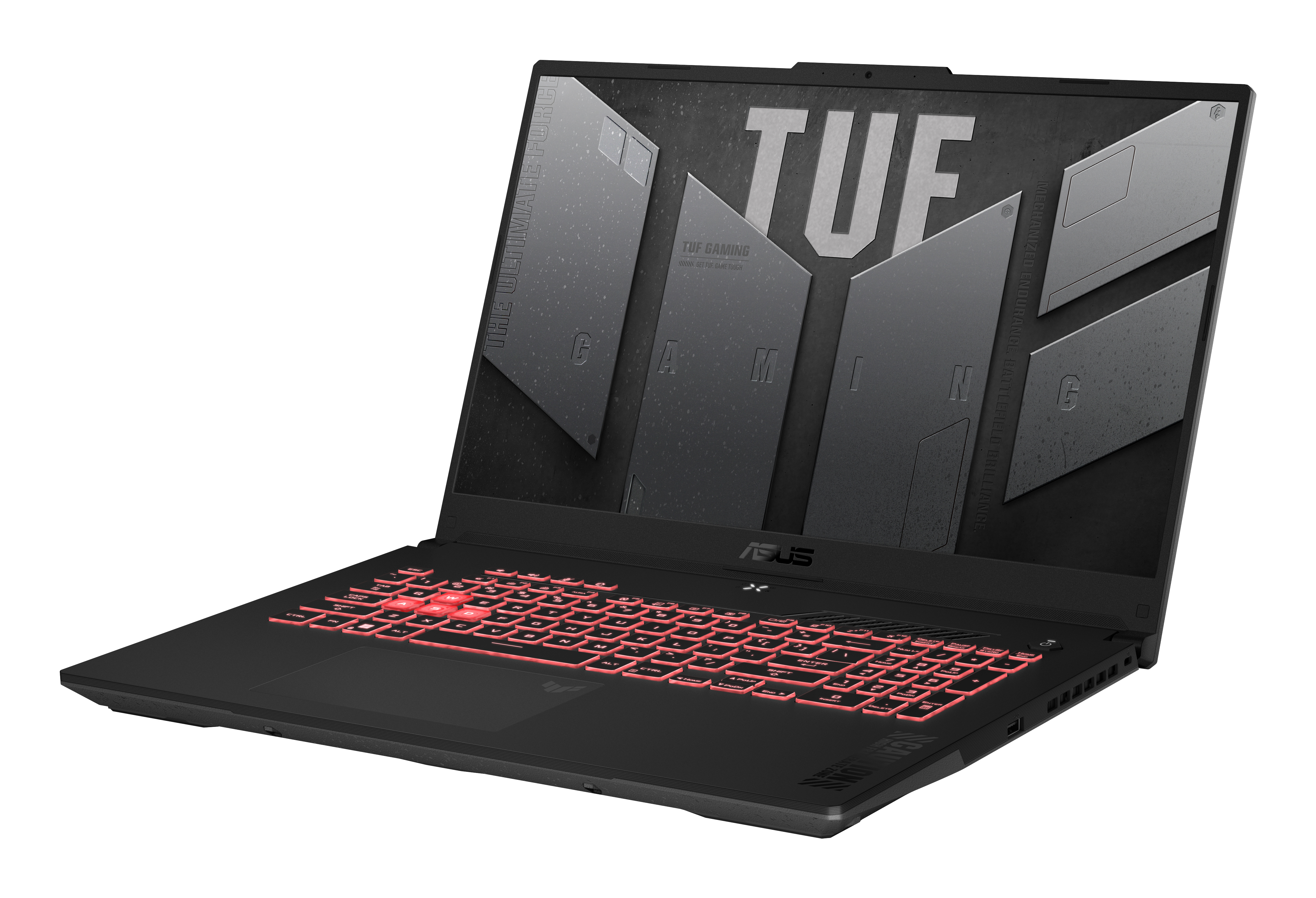 Ein schwarzer Gaming-Laptop mit roter Hintergrundbeleuchtung auf weißem Grund.
