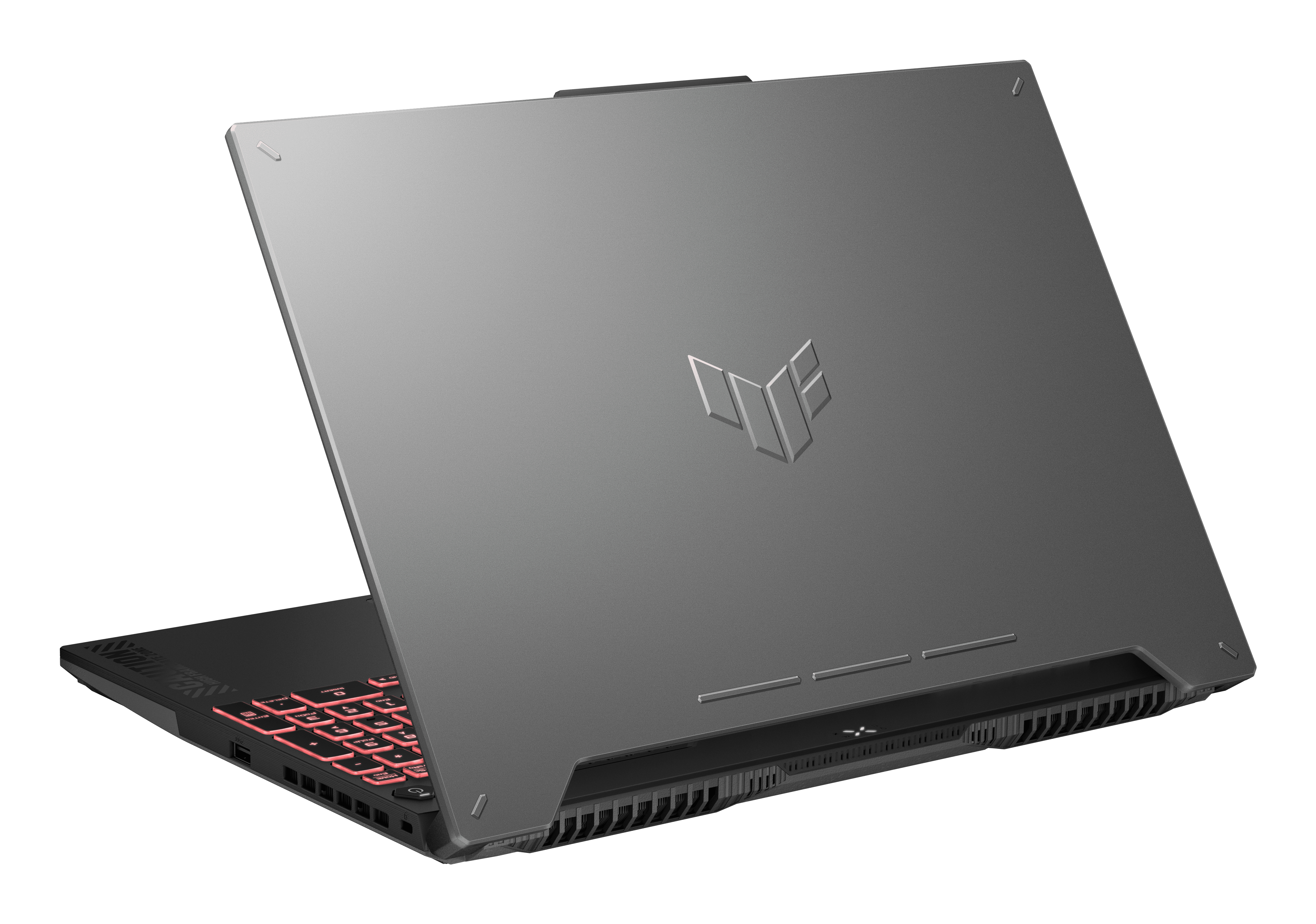 Rückseite eines grauen Gaming-Laptops mit Markenlogo und rot beleuchteter Tastatur.