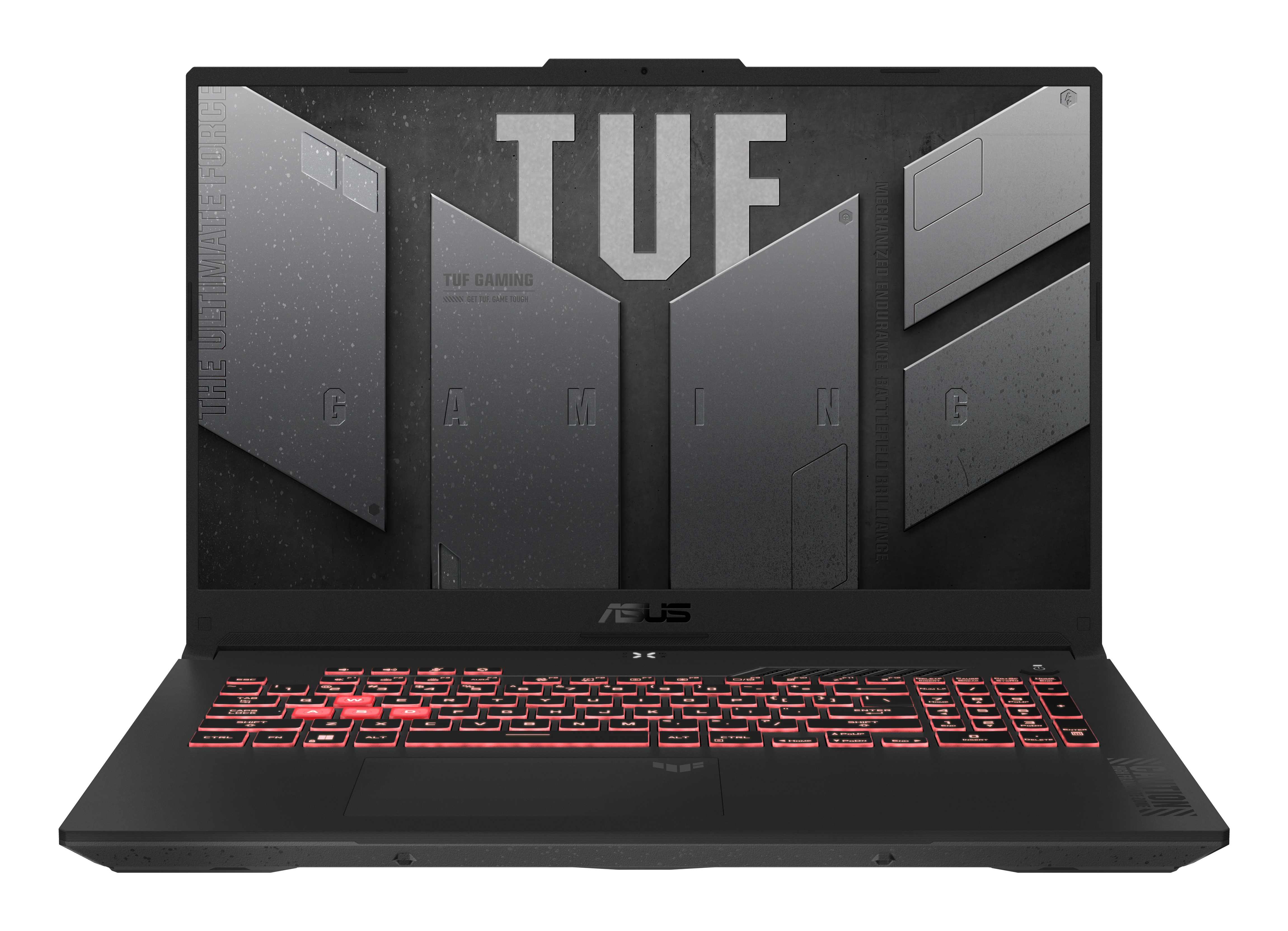 Ein schwarzer ASUS TUF Gaming-Laptop mit roter Hintergrundbeleuchtung, geöffnet.