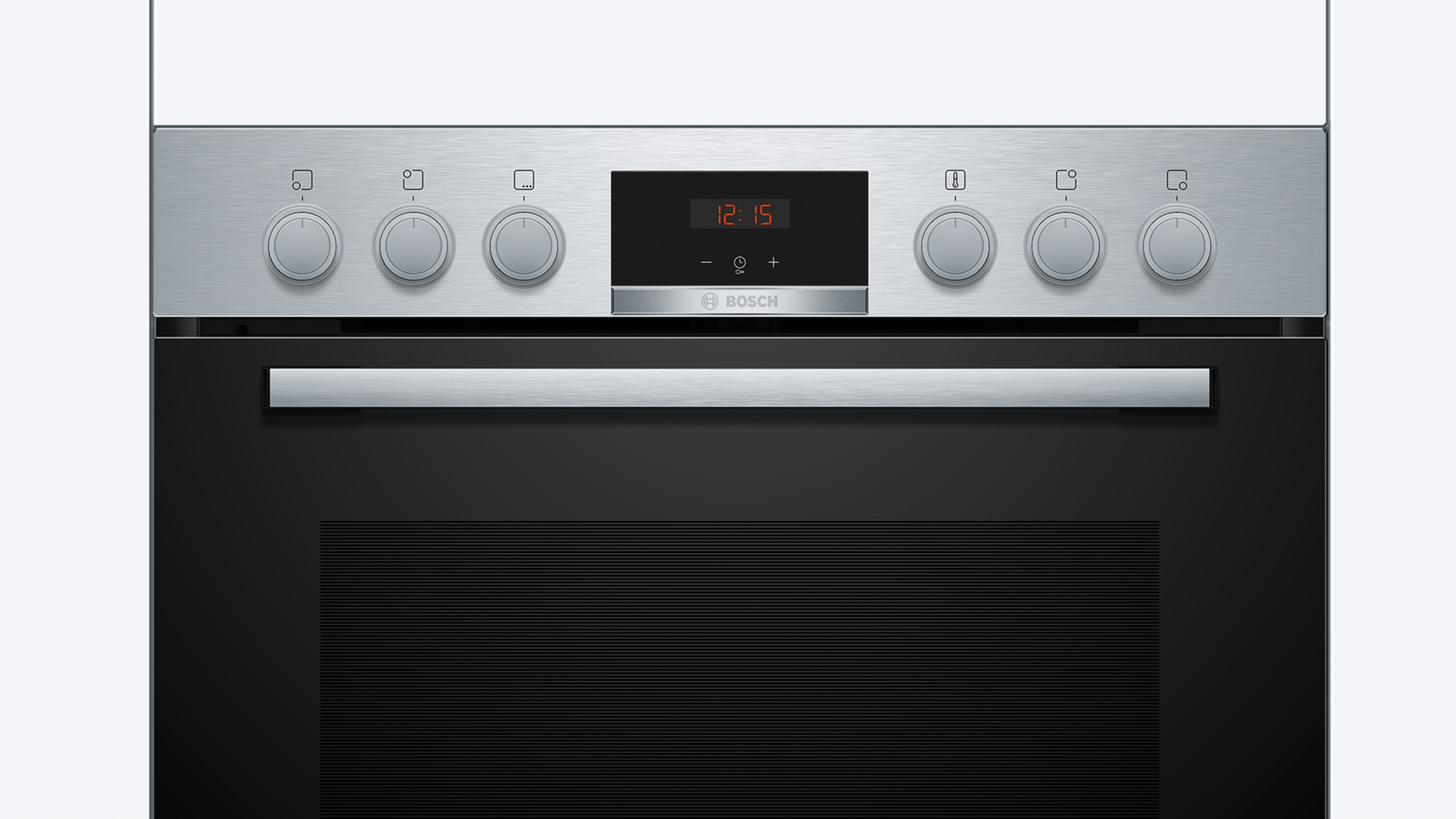 Ein Edelstahl-Bosch-Ofen mit Knöpfen, einer Digitaluhr mit 12:15 Uhr und einer schwarzen Ofentür.