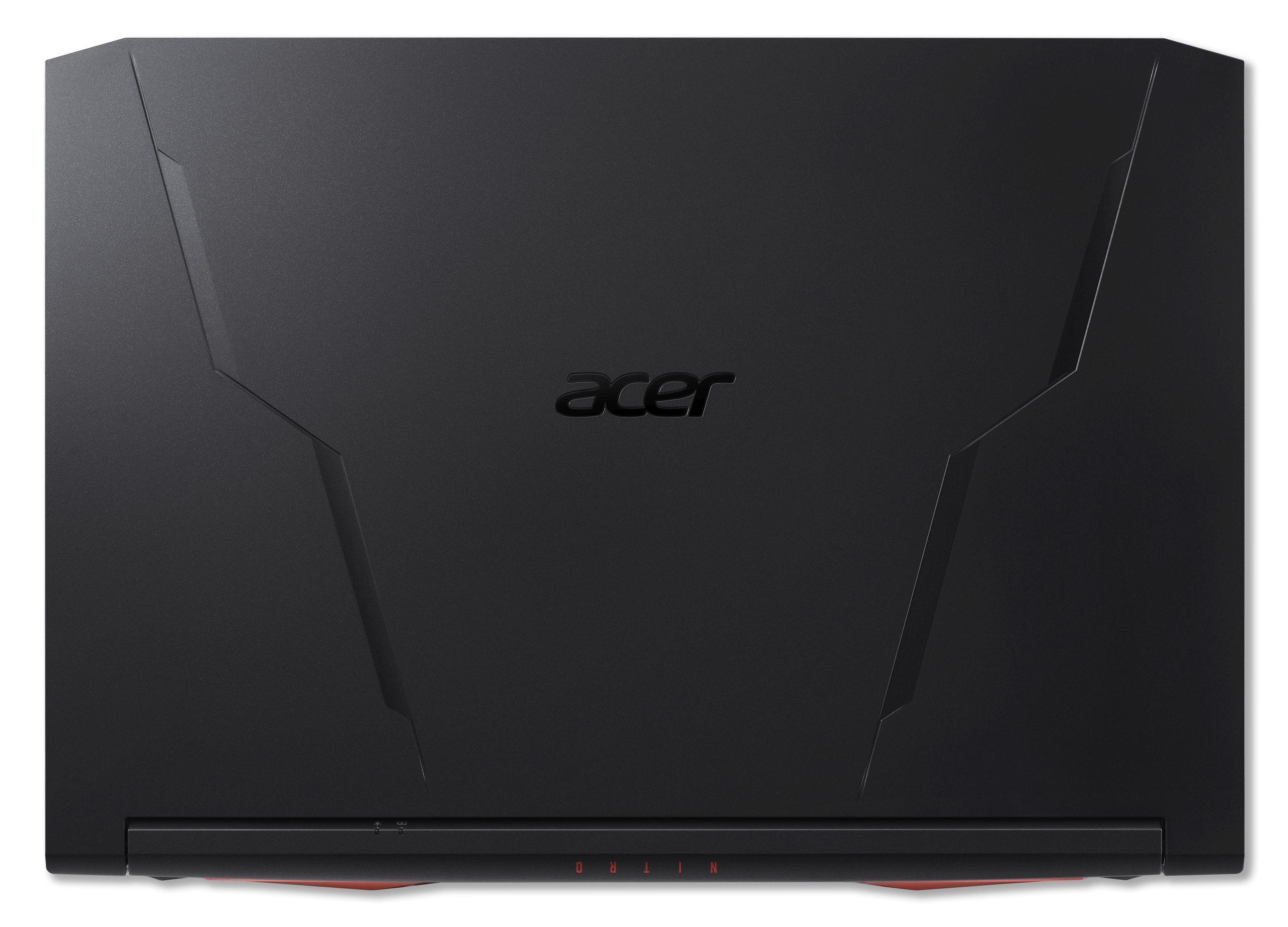 Schwarze geschlossene Notebook-Rückseite mit Acer-Logo in der Mitte und roten Akzenten unten.