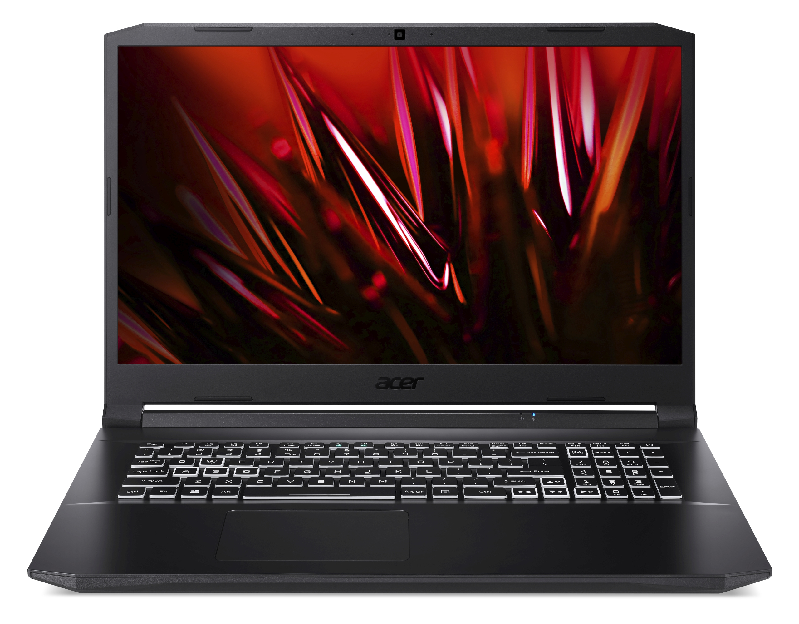 Ein schwarzer Acer-Laptop mit rotem abstrakten Hintergrund auf dem Bildschirm und beleuchteter Tastatur.