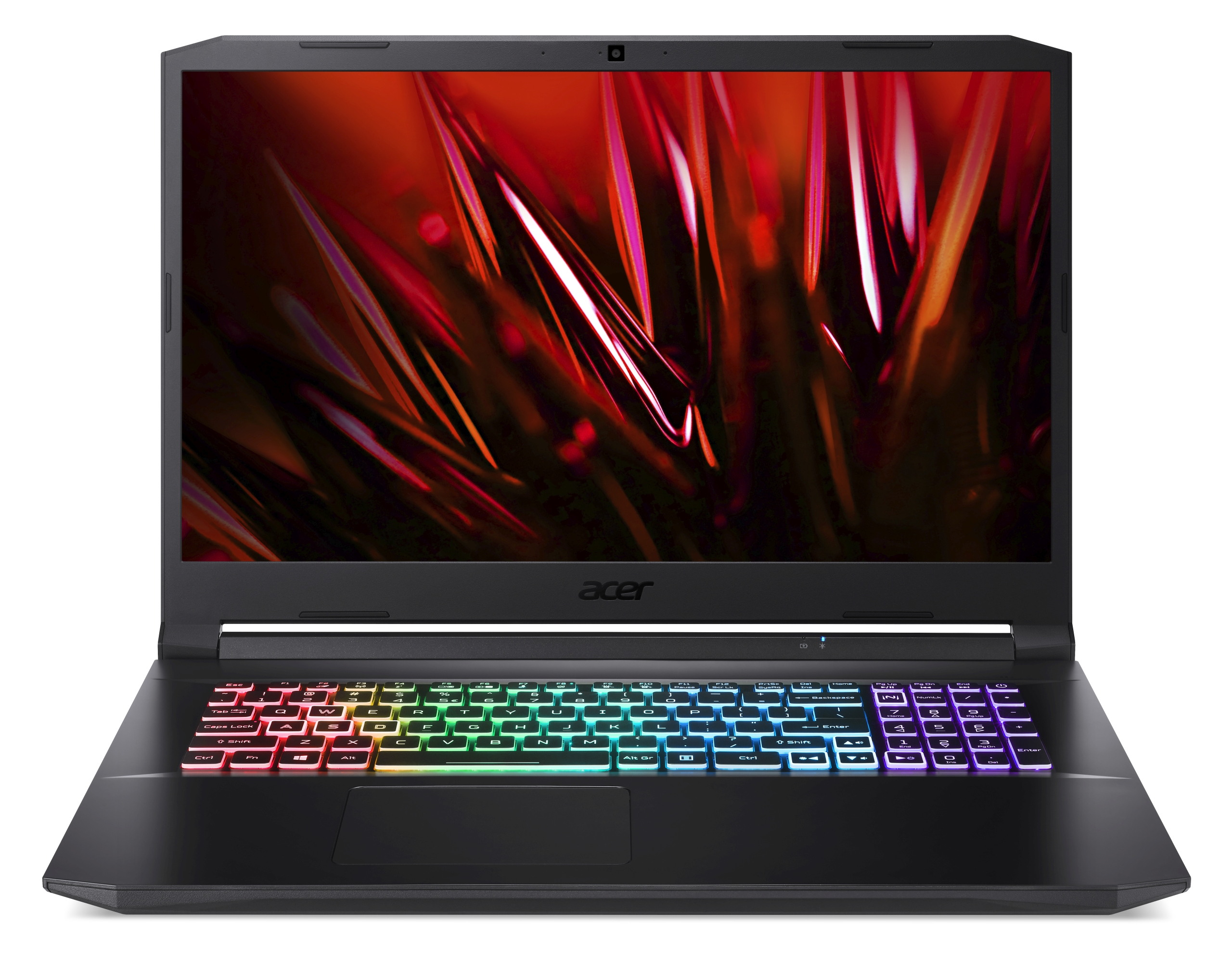Ein schwarzer Acer-Laptop mit RGB-Tastaturbeleuchtung zeigt ein abstraktes rotes Hintergrundbild.