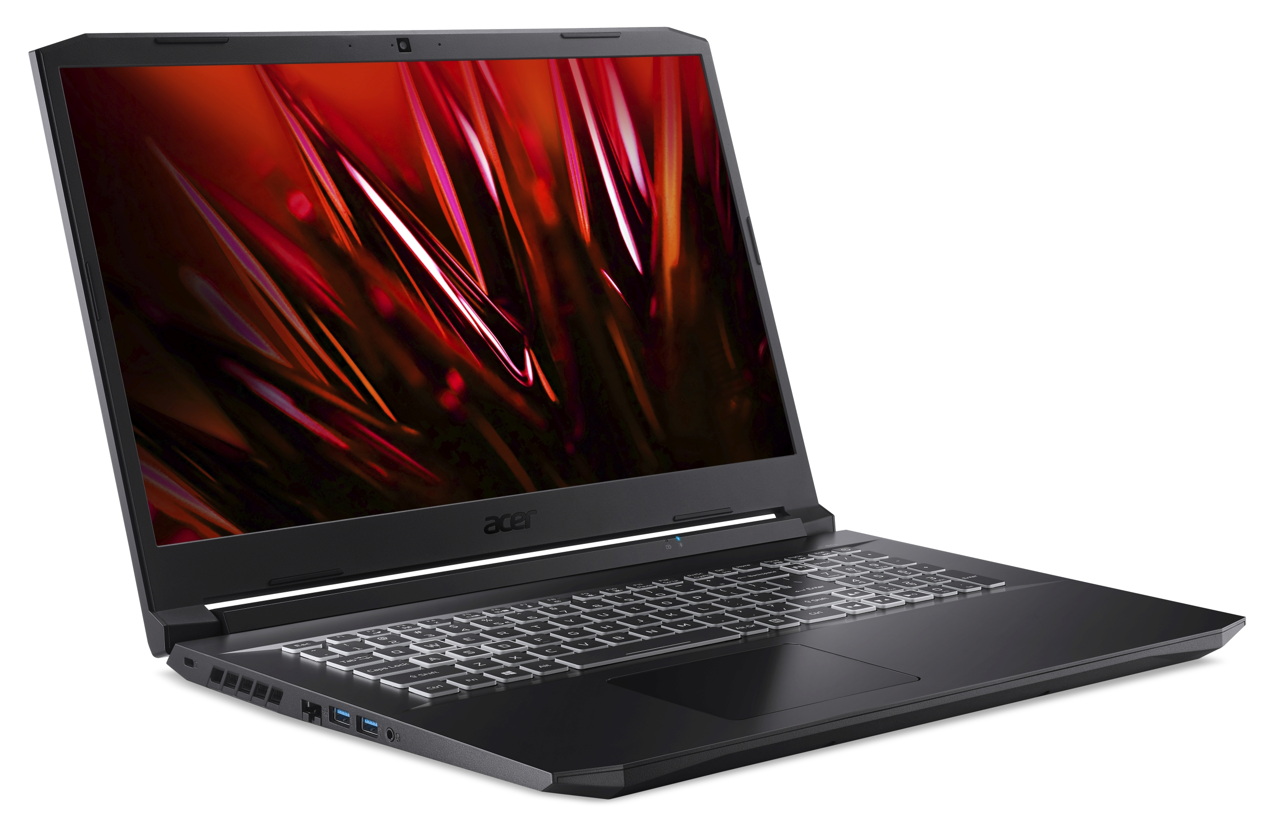Ein schwarzer Acer-Laptop mit rotem abstrakten Bildschirmhintergrund und beleuchteter Tastatur auf weißem Hintergrund.