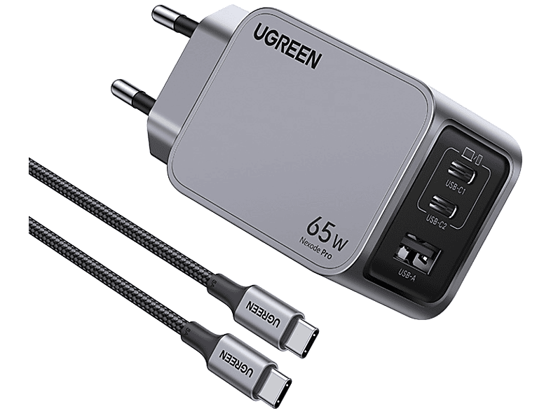 UGREEN Nexode Pro 65W GaN Hızlı Şarj Cihazı Type-C QC PD 2xUSB-C, 1xUSB-A, 1.5M 100W Kablo Dahil, Uzay Grisi, 25871