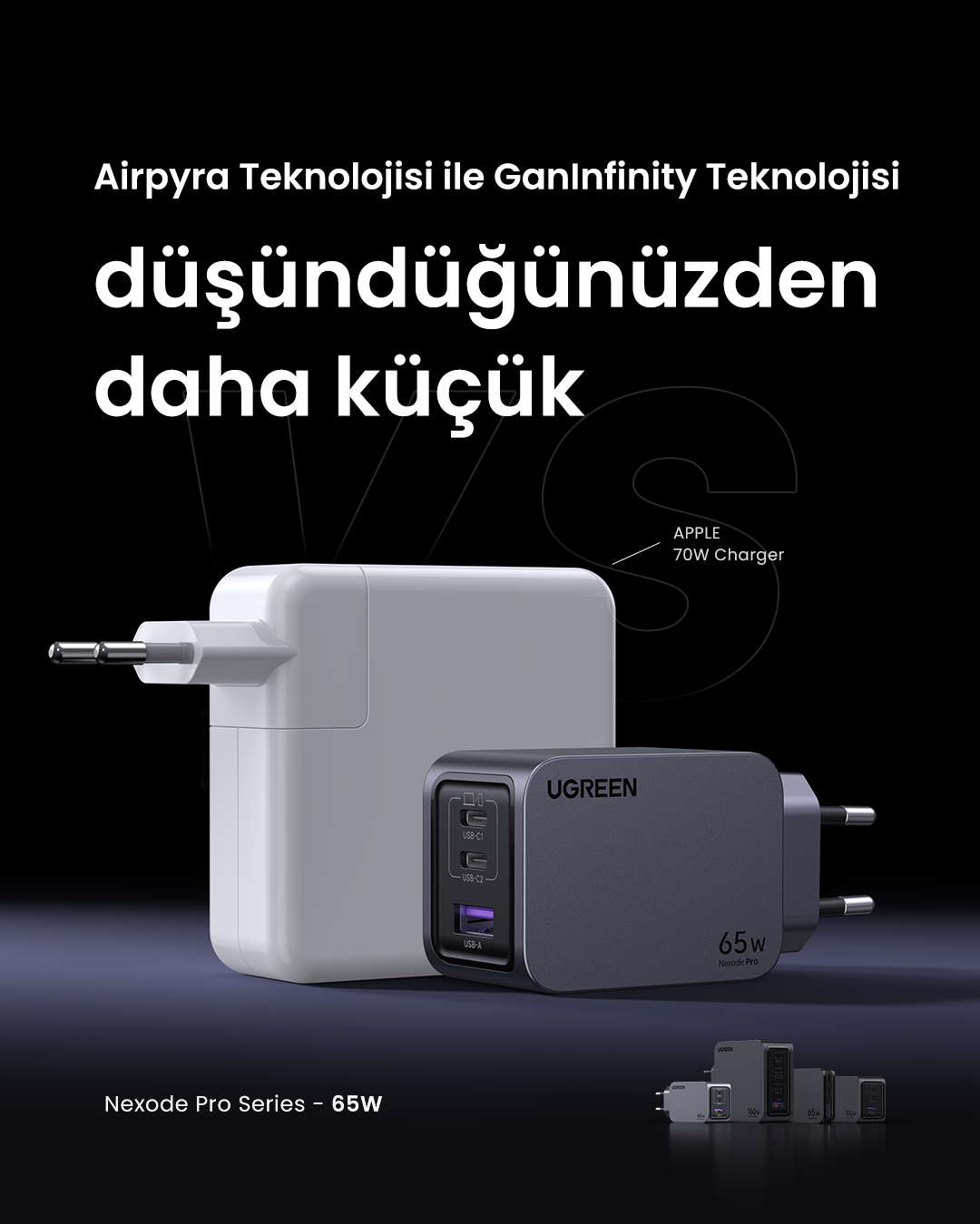 İki şarj cihazı, biri büyük beyaz ve biri küçük siyah, daha küçük boyutu tanıtan metinle.