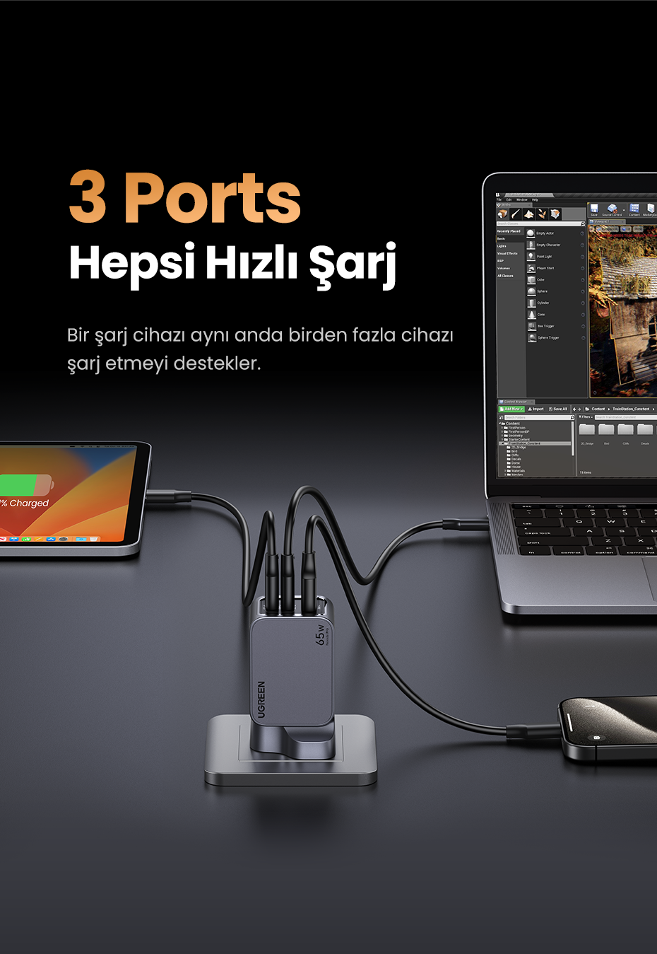 Üç bağlantı noktalı, cihazları şarj eden gri bir şarj cihazı.