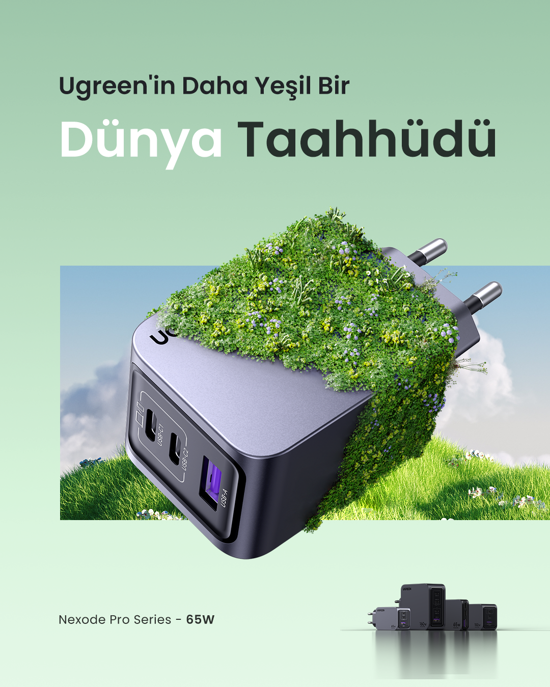 Üzerinde bitki yetişen bir şarj cihazı, metinle yeşil bir arka plan üzerinde.