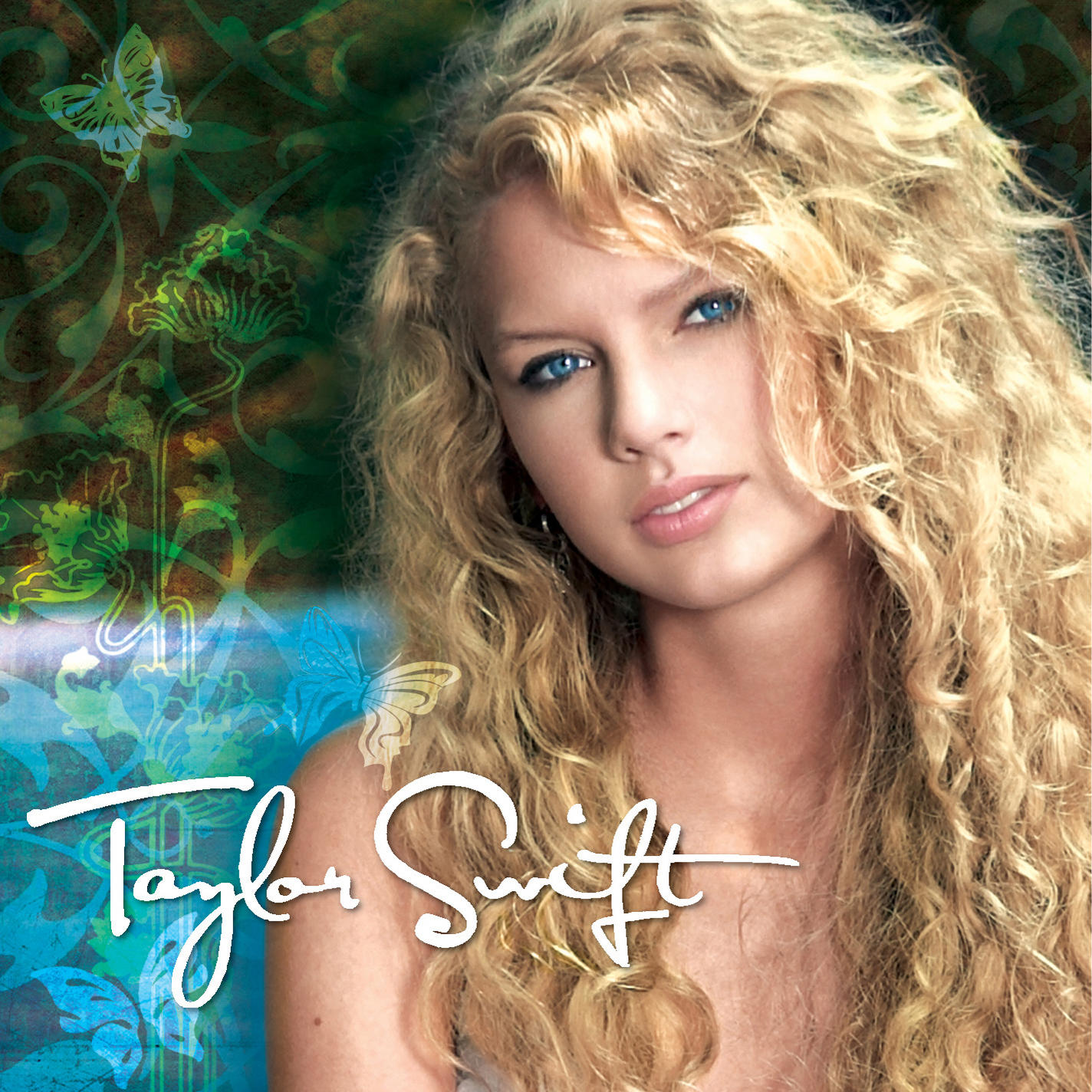 Taylor Swift album borító. Szőke nő, kék szemekkel. Türkiz és zöld háttér.