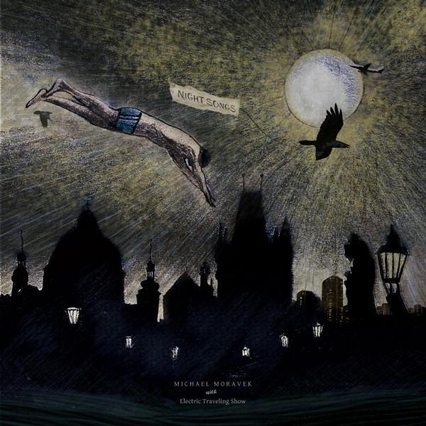Albumcover zeigt einen Taucher, Skyline mit Vollmond und Krähen. Titel 'Night Songs'.
