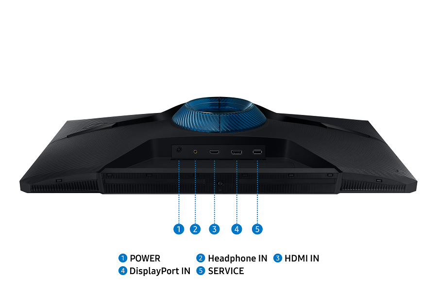Monitörün arkası, güç, kulaklık girişi, HDMI girişi, DisplayPort girişi ve servis olarak etiketlenmiş bağlantı noktaları.