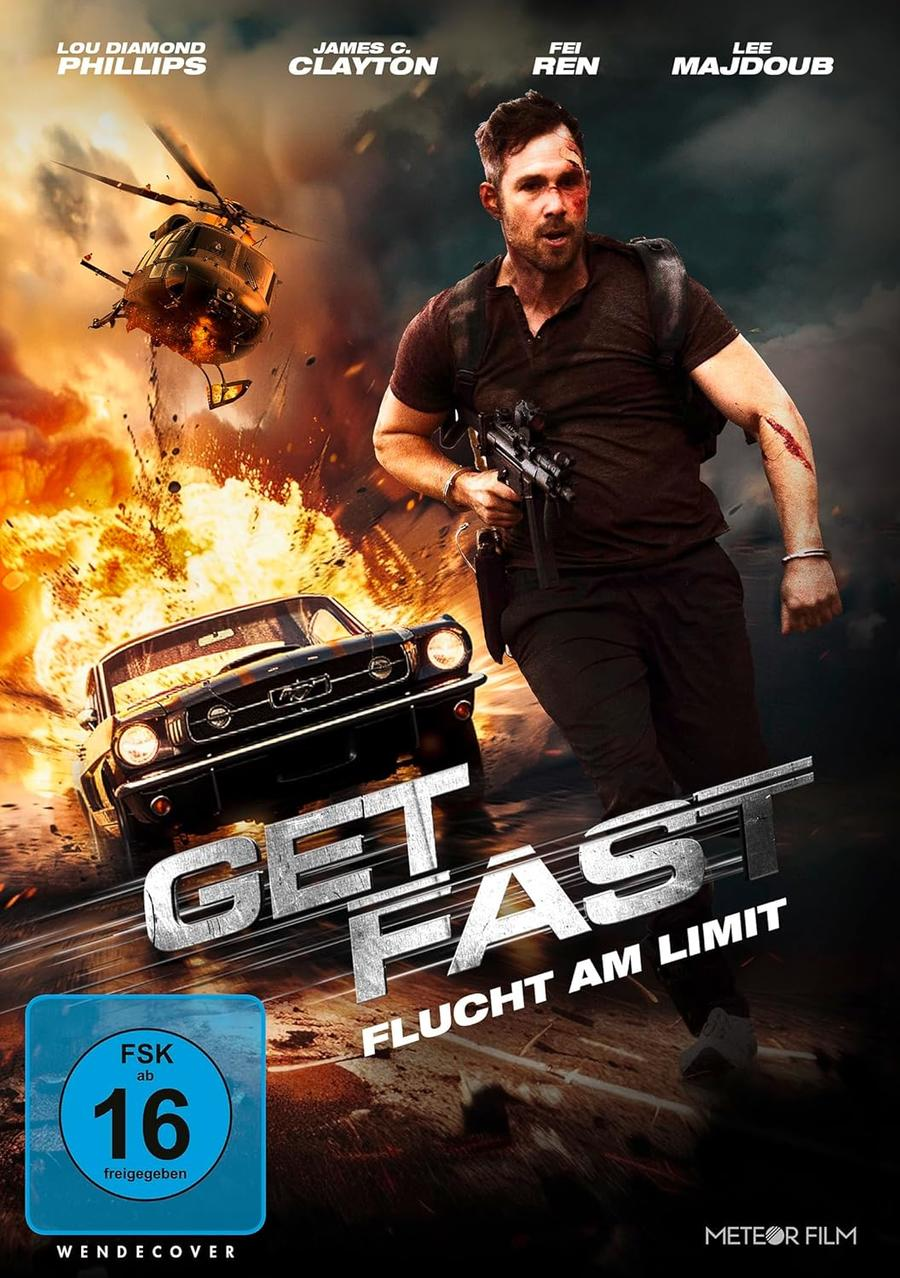 Filmplakat. Ein Mann mit einer Waffe rennt vor einem schwarzen Auto und einem Hubschrauber davon.