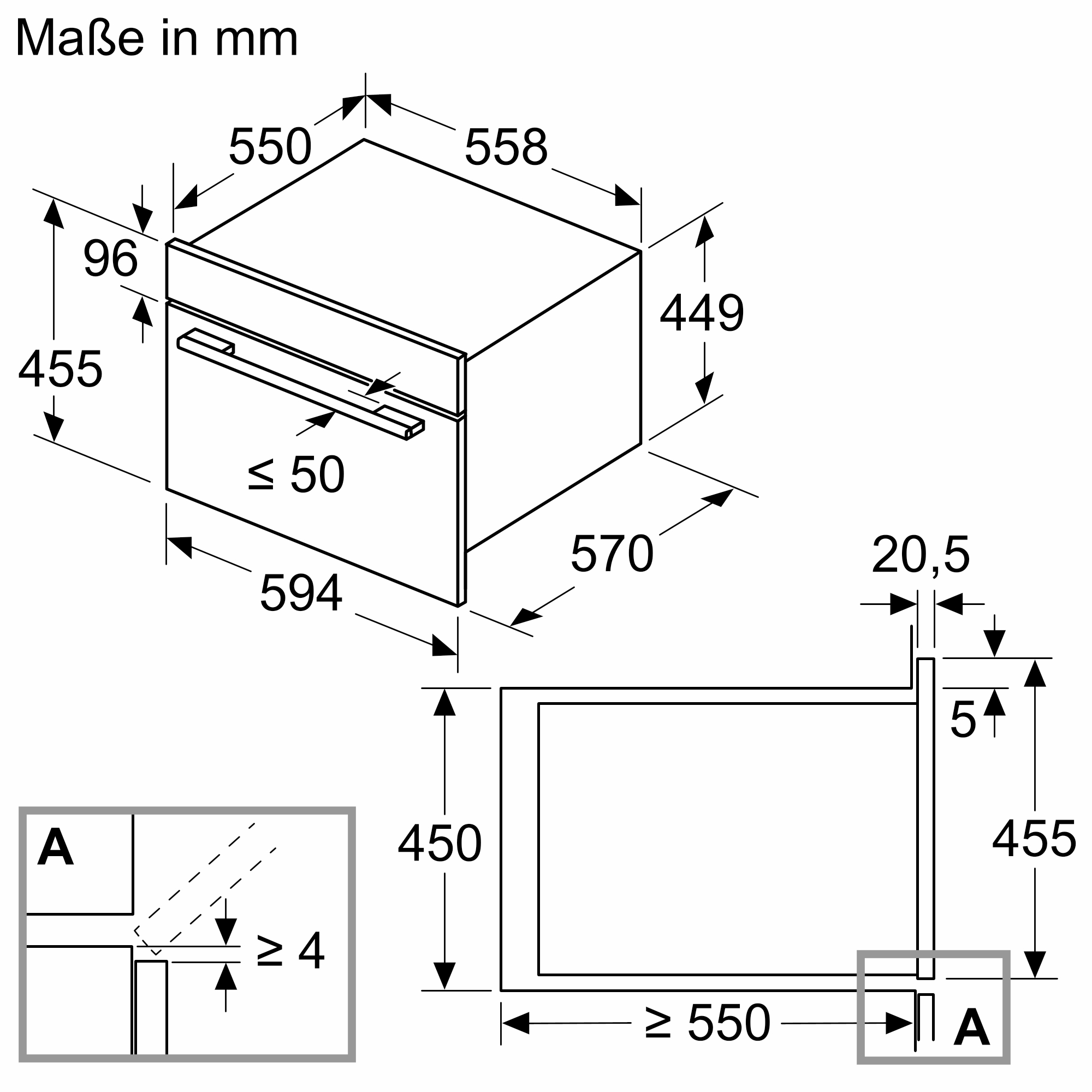 Schematische Darstellung eines Ofens mit Maßen in Millimetern. Enthält Details des Ofens und eine Nahaufnahme einer Ecke.