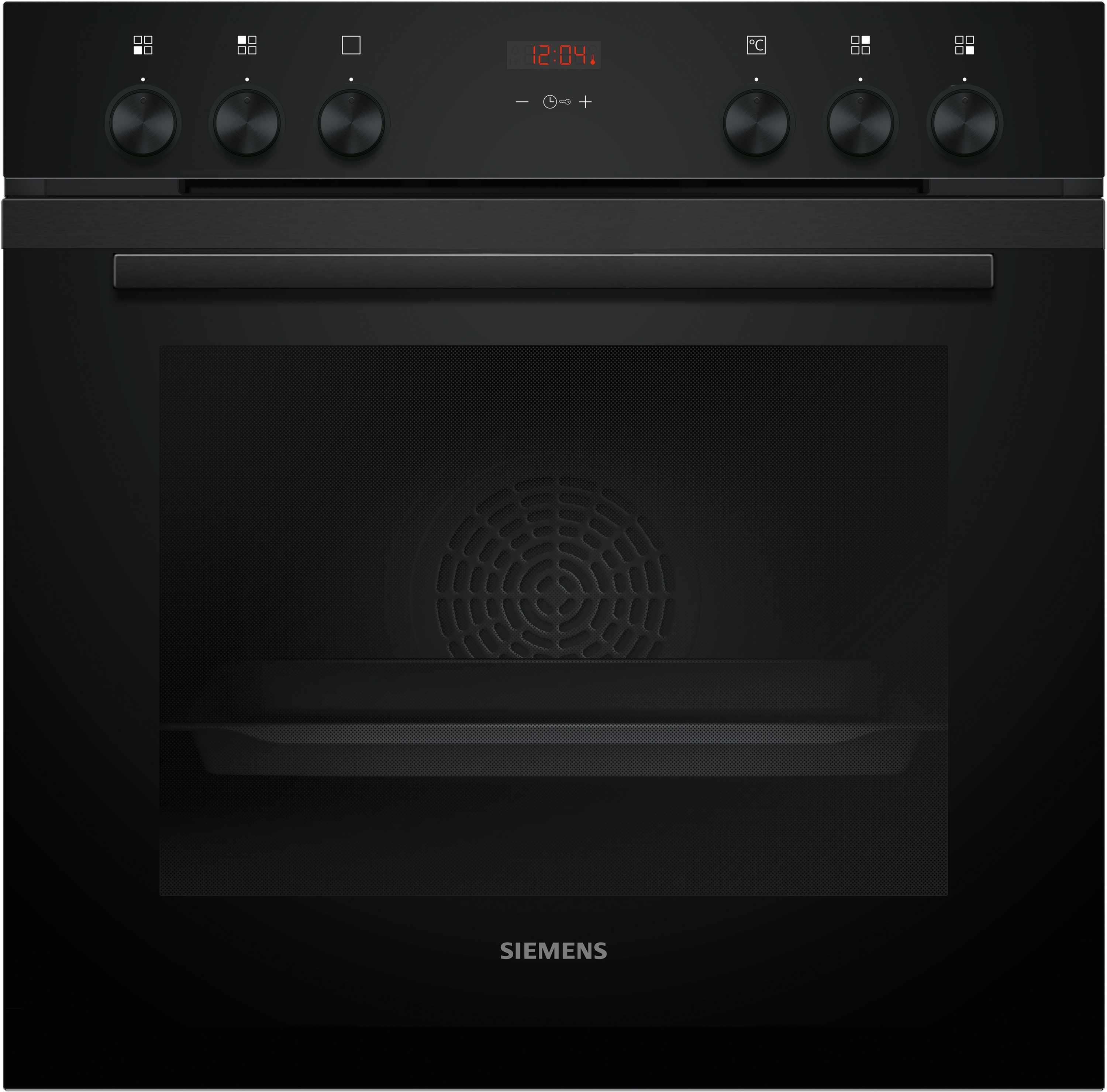 Ein schwarzer Siemens-Backofen mit Bedienknöpfen, digitaler Anzeige und Glastür.