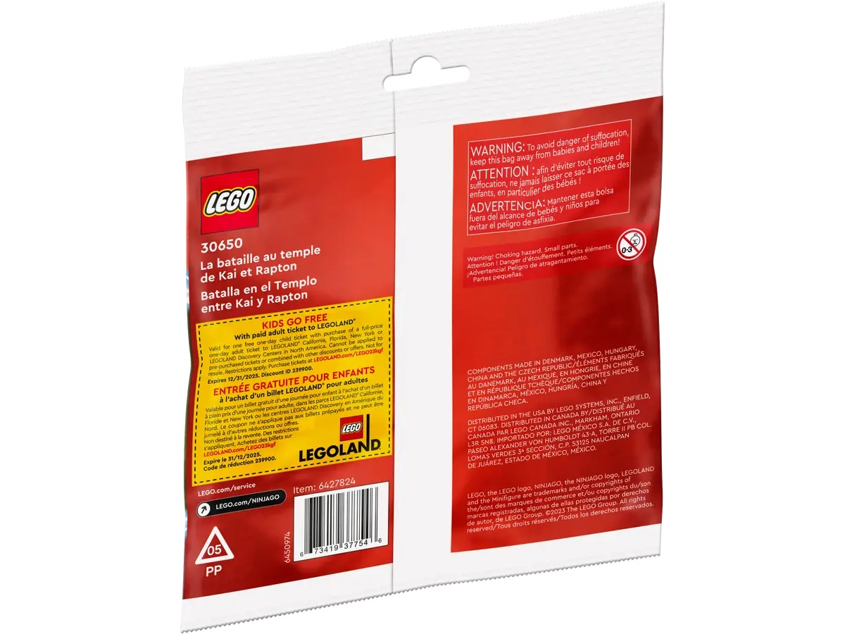 Opakowanie LEGO z tekstem i obrazami. Z tyłu ostrzeżenia w wielu językach.